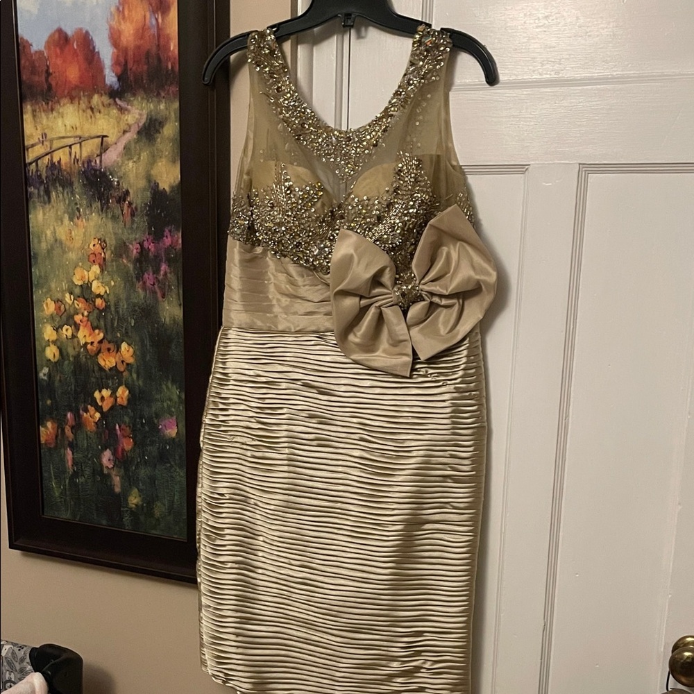 Terani Couture Gold Embellished Gown with Bow
